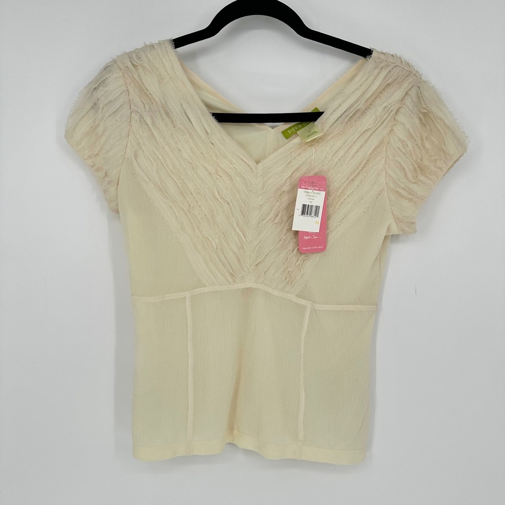 NEW Y2K Sigrid Olsen 100 Silk Cream V Neck Blouse Top Dainty Feminine Coquette M - Picture 2 of 7